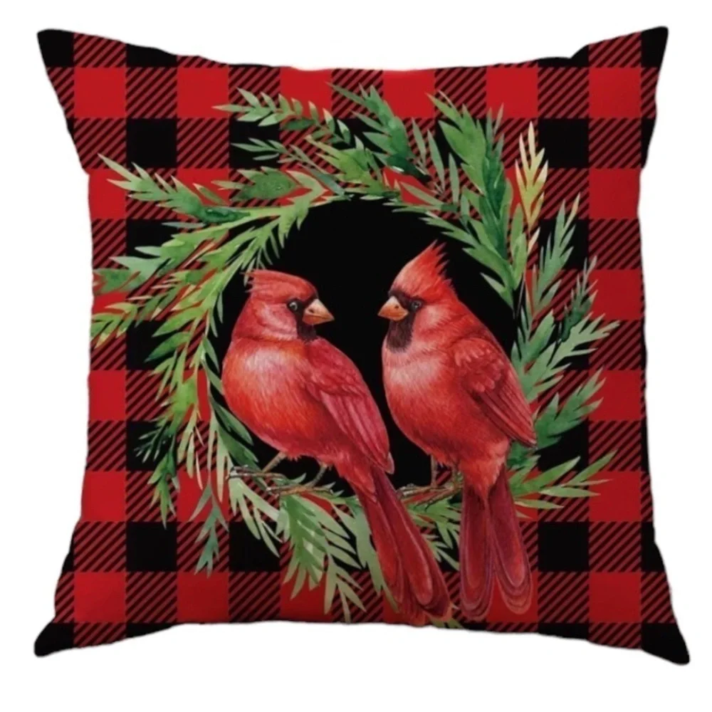 Pillow Cover Bird Cardinal Christmas Holiday Buffalo Check Plaid Square 17.5 in